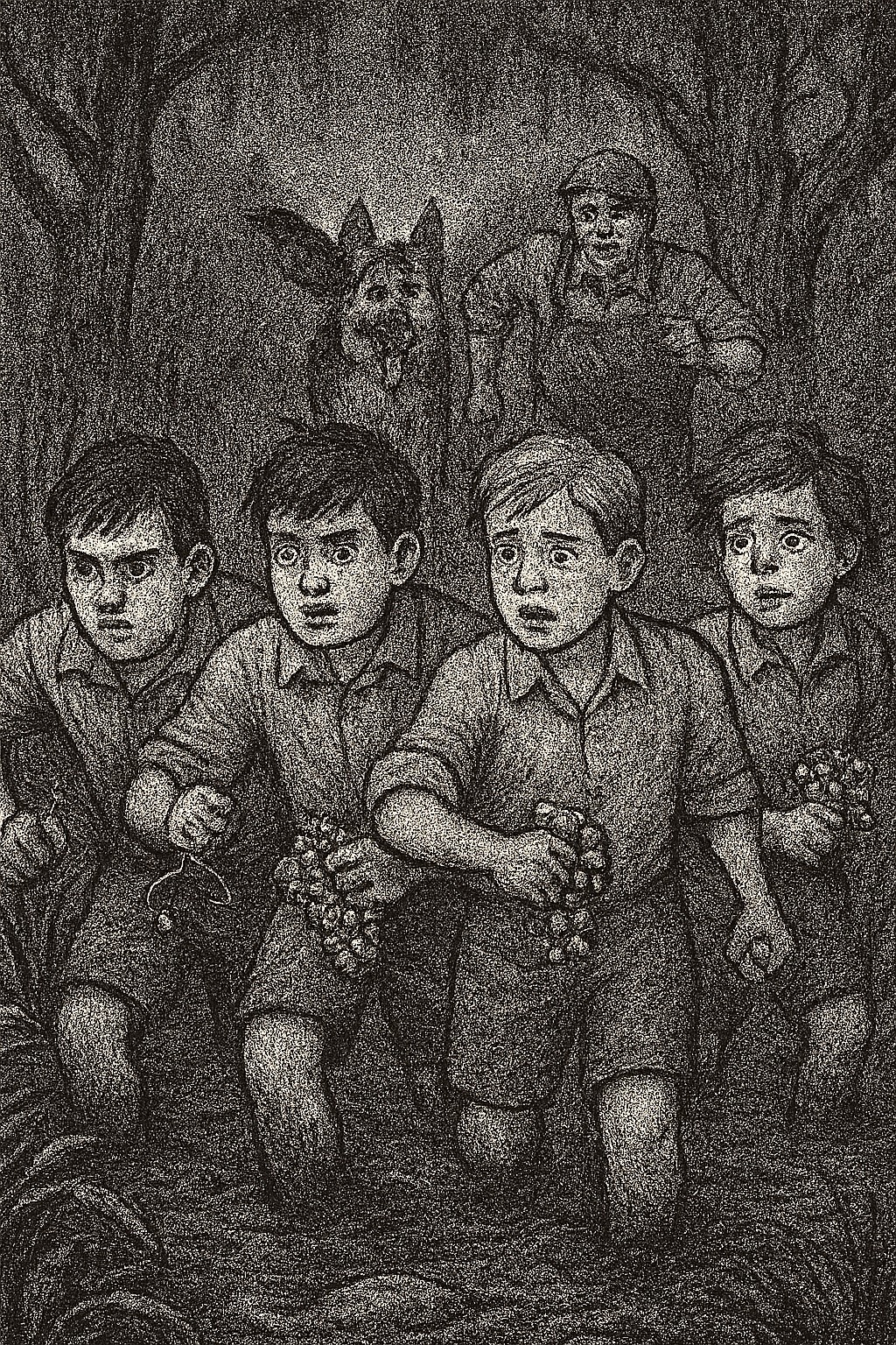 Ilustração de rapazes examinando uma caixa